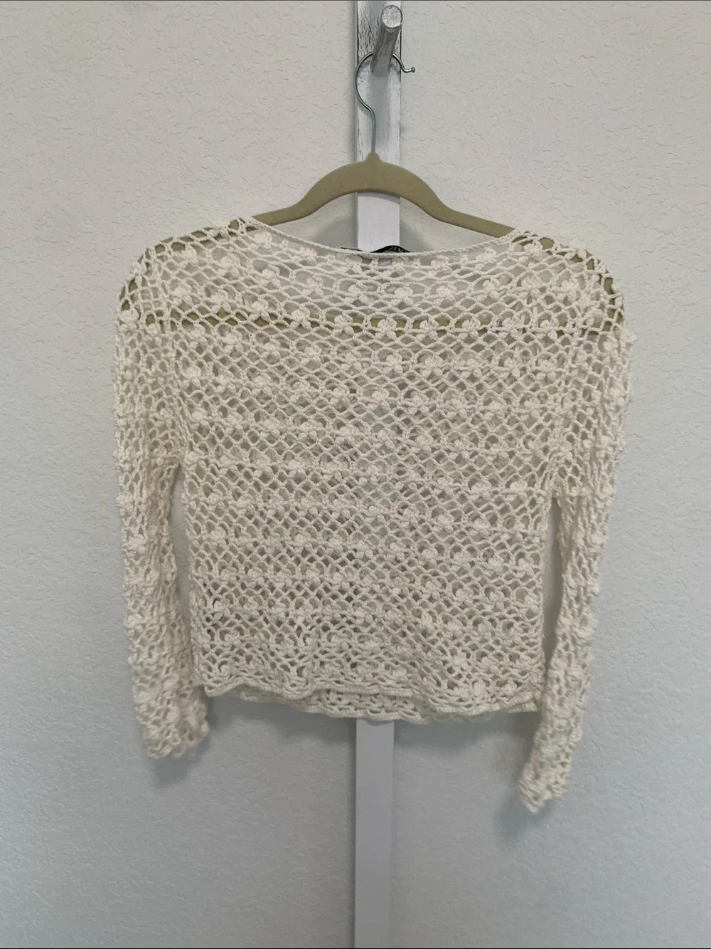 Zara White Crochet Open-Weave Long Sleeve Crop Top